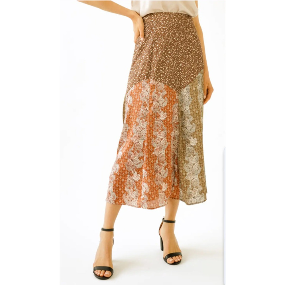 Boho Patchwork Midi Skirt Flowy Mixed Print Size Medium - Picture 2 of 2